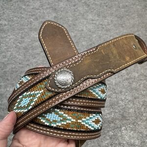 Nocona Leather Beaded Belt Men 46 Brown Turquoise South Western Cowboy Rodeo‎